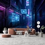 Mural de pared de tamaño personalizado, futurista cyberpunk neón, callejón de la ciudad, paneles tecnológicos digitales, paisaje nocturno, tela autoadhesiva, papel tapiz extraíble para decoración del