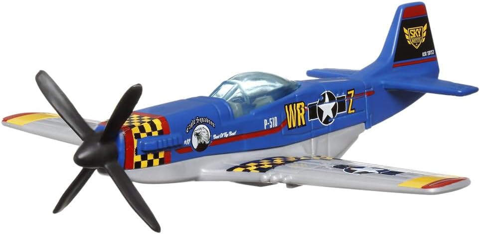 Matchbox Collectible Die-Cast Metal Sky Busters Inspired by North American P-51 Mustang Airplane - HLH99 ~ Blue, Silver and Yellow Single Seater Fighter Bomber Plane ~ Includes Playmat
