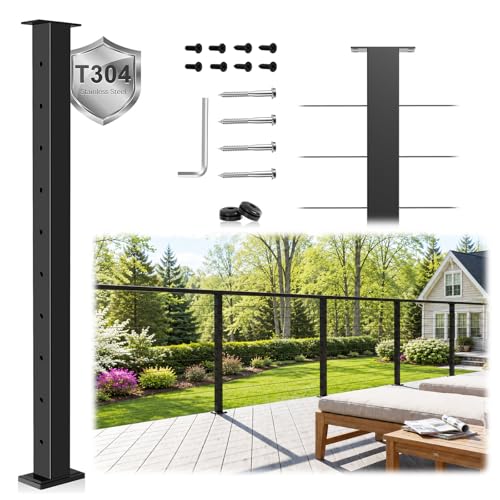 Image of 36 inch Swageless Level Cable Railing Post for Deck Cable Railing, T304 Stainless Steel Surface Mount 180 Drilled Deck Post with Upgraded Black Powder Coating for Indoor Outdoor Porch