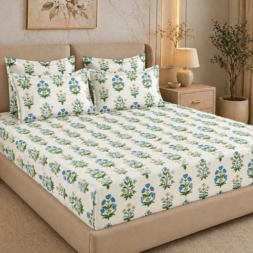 Image of THEA King Elastic Fitted Double Bedsheet Set| 100% Cotton Like Soft Fabric | Microfiber King Elastic Double Bedsheet for King Size Bed (72 X 78 x 10 inches) with 2 Pillow covers,Boota Floral
