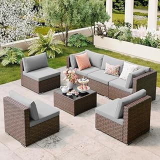 Qsun 7 Pieces Outdoor Patio Furniture Set, PE Rattan Outdoor Wicker Sectional Furniture Sofa Set, with Cushions and Glass Coffee Table, for Balcony, Porch, Garden, Grey