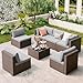 Qsun 7-teiliges Gartenmöbel-Set für den Außenbereich, PE-Rattan, Outdoor-Möbel, Terrassen-Gesprächsset mit Kissen und Glas-Couchtisch (braunes Rattan, graues Kissen)