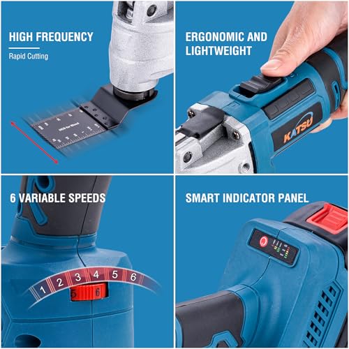 KATSU FIT-BAT 21V Akku-Multifunktionswerkzeug Brushless bürstenloser Motor mit 3,0Ah Akku und Ladegerät, 6 Geschwindigkeiten, Schnellwechselsystem, zum Schleifen, Schaben