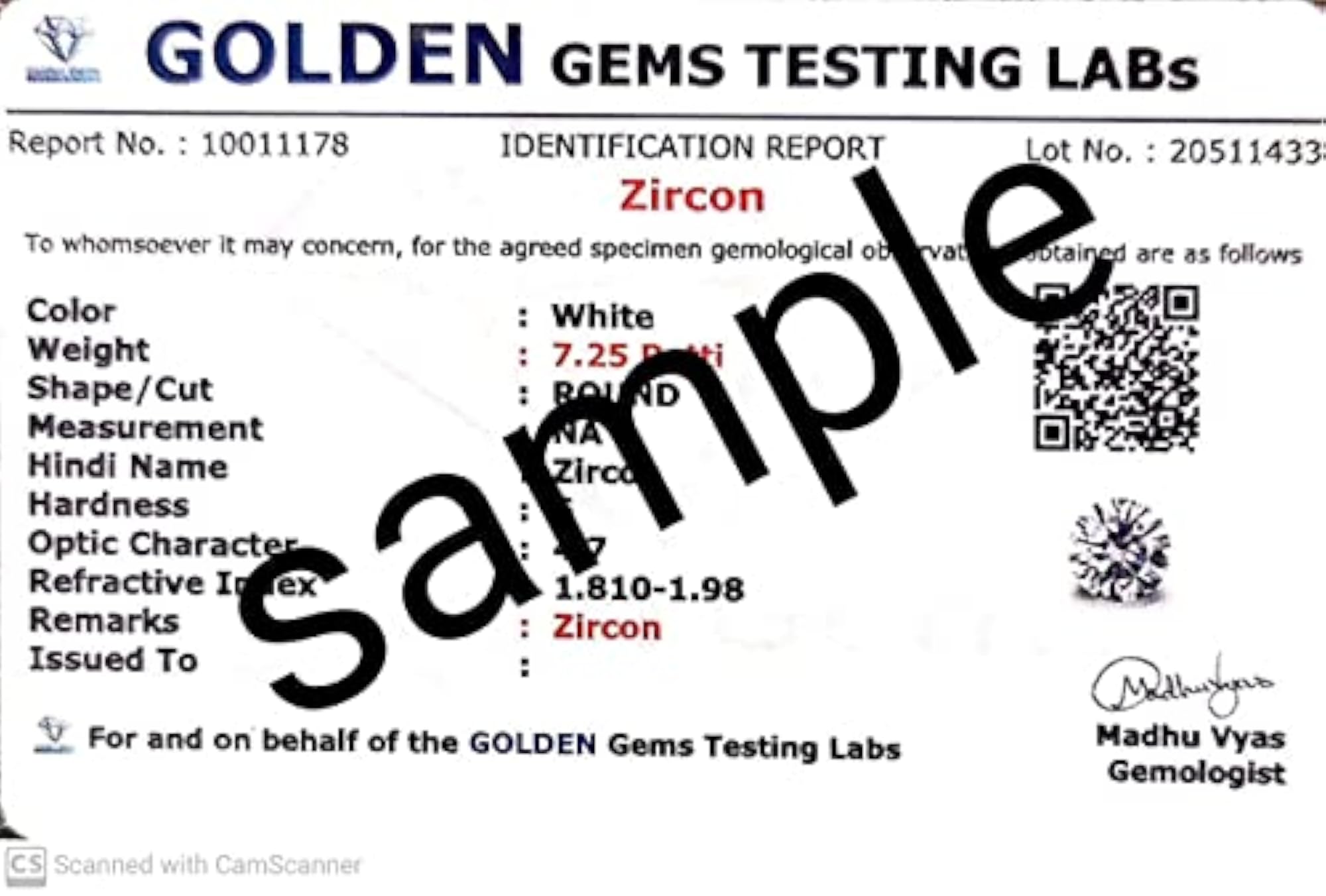 Zircon Round Shape 12.25 Ratti, Certified Gemstone