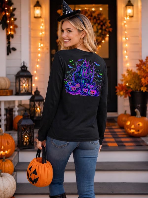 Halloween Shirt Women Spooky Season Long Sleeve Tee Pumpkin Pullover Top