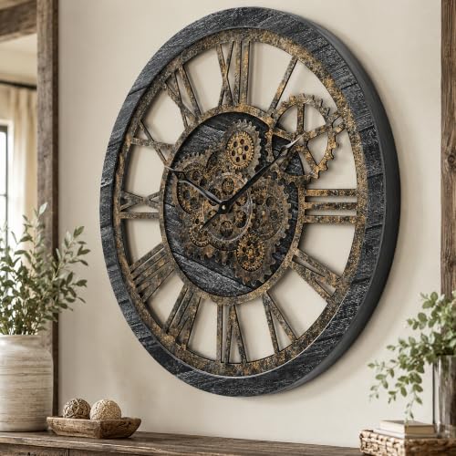 HOIBAI Large Wall Clock, Wall Clocks for Living Room Decor 20 Inch Farmhouse Vintage Rustic Kitchen Wall Decor Vintage Roman Oversized Wall Clock for Home Bedroom House Office, Moving Gears Clock