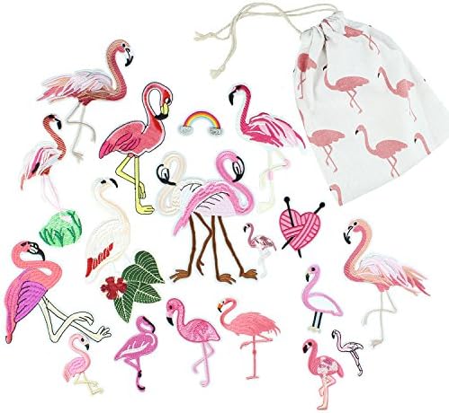 Pink Flamingo Applique Patches Sew on/Iron on Patches for Jeans, Clothes, Jackets, Dress, Hats, Badges - 18 pcs Assorted DIY Embroidery Patches Stickers Kit for Decoration - with Flamingo Storage Bag