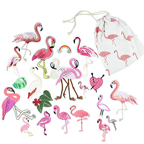 Pink Flamingo Applique Patches Sew On/Iron On Patches For Jeans, Clothes, Jackets, Dress, Hats, Badges - 18 Pcs Assorted Diy Embroidery Patches Stickers Kit For Decoration - With Flamingo Storage Bag #TOP13
