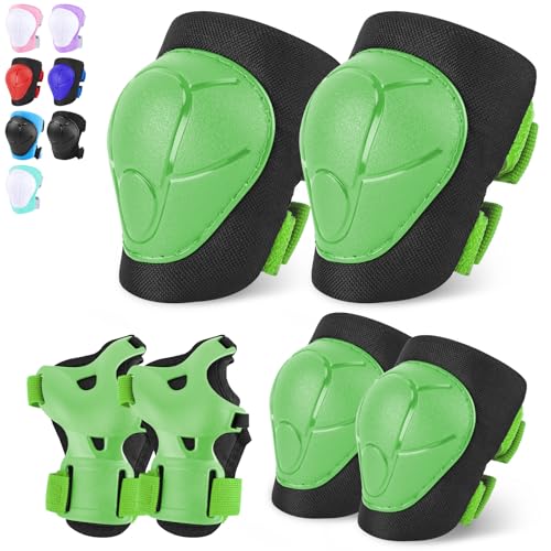FIODAY Knee Pads for Kids Knee and Elbow Pads Wrist Guards Adjustable Protective Gear Set for Girls Boys Inline Skating Biking Skateboard Scooter Knee Pads,Green,3-8 Years
