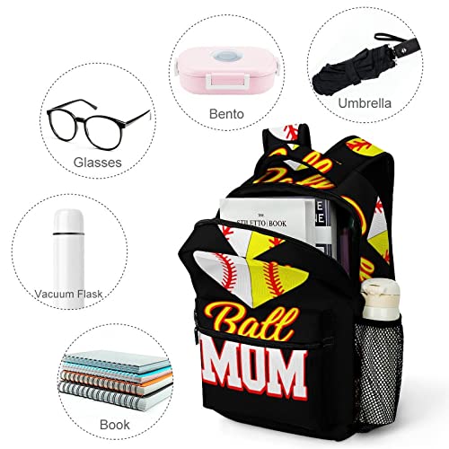 Funny Ball Mom Softball Baseball Laptop Backpack Shoulder Bag Daypack With Adjustable Strap For Casual School Travel #TOP3