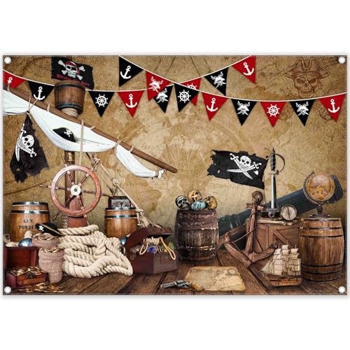 ZTHMOE 7x5ft Polyester Halloween Pirate Photography Backdrop Nautical Treasure Map Background Kids Pirates Ship Birthday Party Decorations Photo Banner Props with Four Holes Easy to Hang by ZTHMOE - Used condition - US$9.90