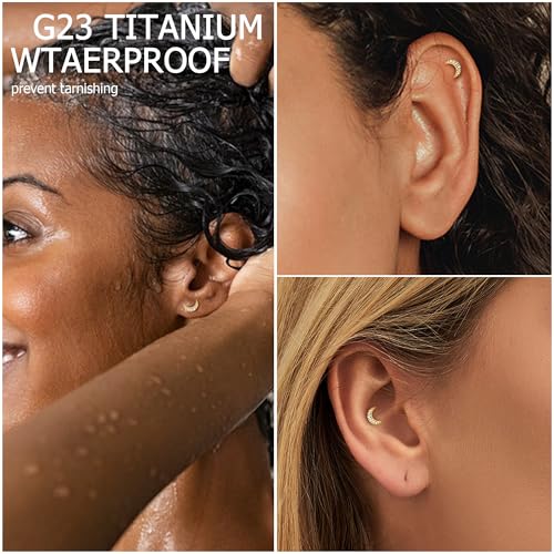 ZELORES Implant Grade Titanium 16G Flat Back Earrings Cartilage Earrings for Women Tragus Piercing Jewelry Internally Threaded Flat Back Stud Earring Labret Helix Conch Piercing Jewelry(18K Gold Plated, Moon) by ZELORES - Used condition - Image 3