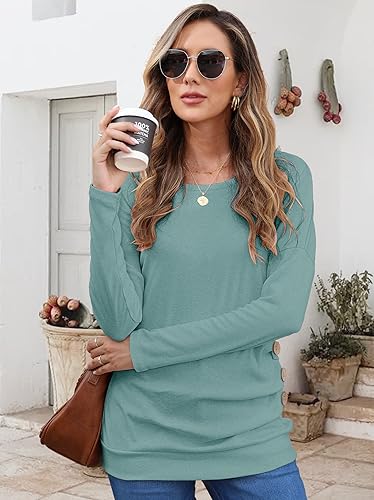 MOLERANI Women's Tunic Tops Long Sleeve Fall Shirts to Wear with Leggings Winter - Lightweight Button Crewneck Blouses for Travel,Blue Green,S