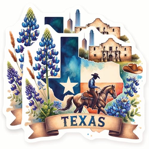 Texas Stickers - Lone Star State - Cowboy - Alamo - Bluebonnet Flowers - 2 Pack - 5" Wide Design - Adheres to Laptops, Tumblers, and More – Made in The USA - AQS1910