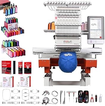 Poolin EOX 15-Needle Commercial Embroidery Machine | Advanced Cap & 3D Puff Bundle Includes 60-Color Thread Kit, Matte Thread Set, 144 Magsnap Bobbins & 3D Puff Foam