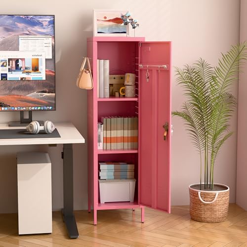 Image of SUPEER Pink Metal Locker with Lock, Pegboards and 5 Hooks, 54.45 inch H | 15 inchW x 15 inchD steel locker with keyed lock, 2 door pegboards, 5 hooks, ventilation openings and required assembly.