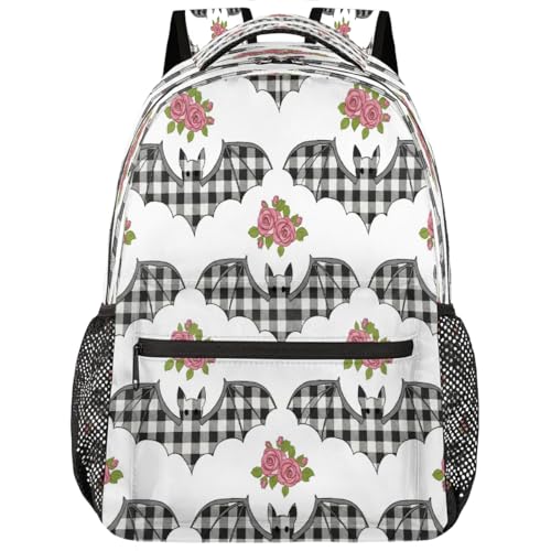 Mochila escolar de viaje para portátil de 15.6 pulgadas unisex con estampado a cuadros de murciélago