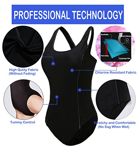 EBMORE Womens One Piece Swimsuit Bathing Suit Chlorine Resistant for Athletic Sport Training Exercise(Black Grey 4-6) - Thumbnail 3