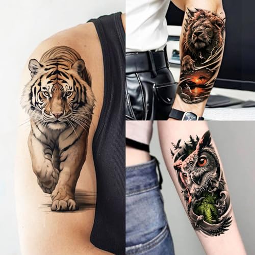 Image of 17 Sheets Unique Watercolor Lion Tiger Animals Temporary Tattoos For Men Women Half Arm Forearm Tattoo Sticker, Realistic 3D Dragon Snake Phoenix Fake Tattoo Sleeve For Adults Body Art Long Lasting