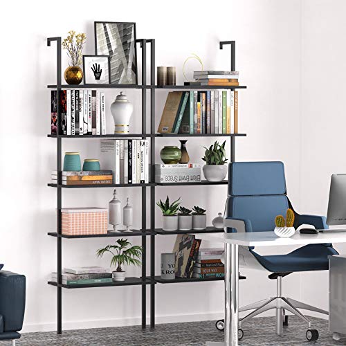 Ladder Shelf Bookshelf, 5 Tier Wall-Mounted Industrial Ladder Bookcase Wood Look Plant Flower Storage Stand Organizer Utility Storage Rack for Living Room, Kitchen, Office (Black Walnut)