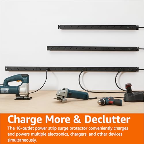 Amazon Basics Surge Protector Power Strip, 16 Outlet, Heavy Duty, Metal, 600 Joules, 1.8 m Extension Cord, Mountable, Rectangle, Black image 4