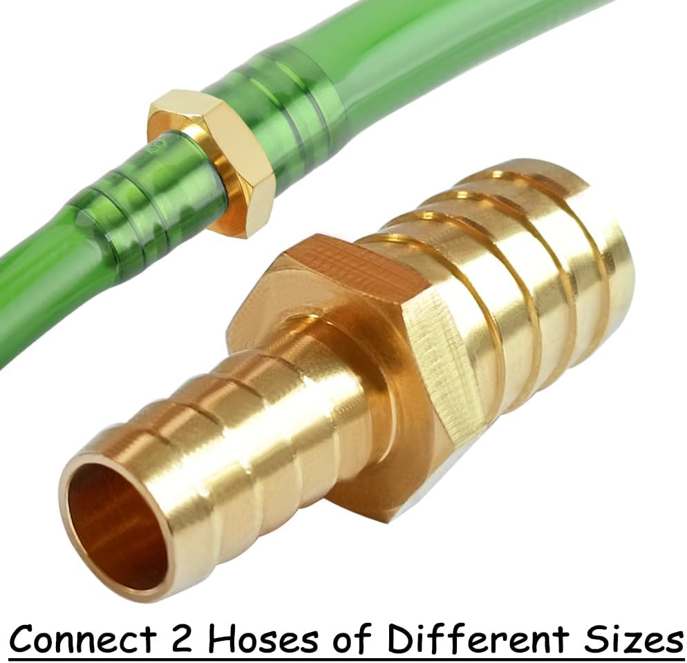 Uenede Brass 1/2" to 3/4" Barb Reducer Hose Barbed Fittings, 2PCS Hex | Fit for 1/2" to 3/4" ID Hose with Clamps Reducing Splicer Mender Fitting for Water Oil Gas