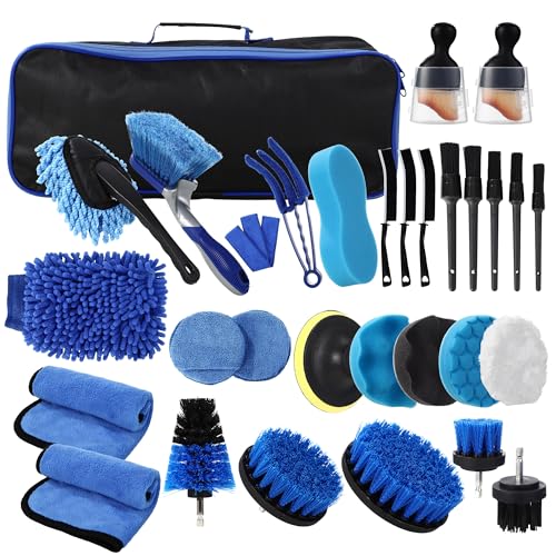 BUCOMTU 31Pezzi Kit Pulizia Auto,Kit Lavaggio Auto,Kit di Pulizia Auto Completo per Interni ed Esterni,Auto Detailing Brush Auto Wash Set,con Spazzole, Spugne per Lucidatura
