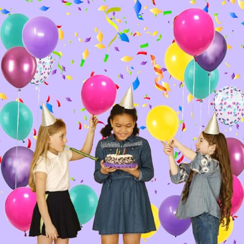 Image of Purple Pink Blue Confetti Balloon, Birthday Balloons Party Decorations- 12in Hot Pink Metallic Purple Teal Blue Yellow Latex Balloons Bulk 56Pcs for Dollhouse Kpop Kitties Colorful Magic Party Theme
