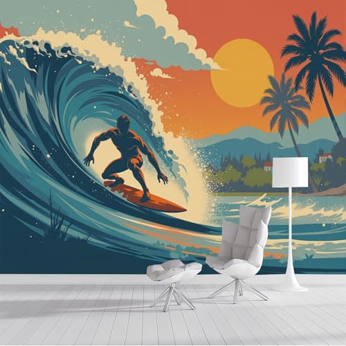 Papier peint panoramique coucher de soleil vagues surfeurs 350x256 cm bleu - 2