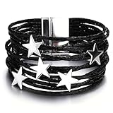 Fesciory Leather Wrap Bracelets for Women, Boho Leopard Multi-Layer Crystal Beads Cuff Bracelet Jewelry (Star(Black))