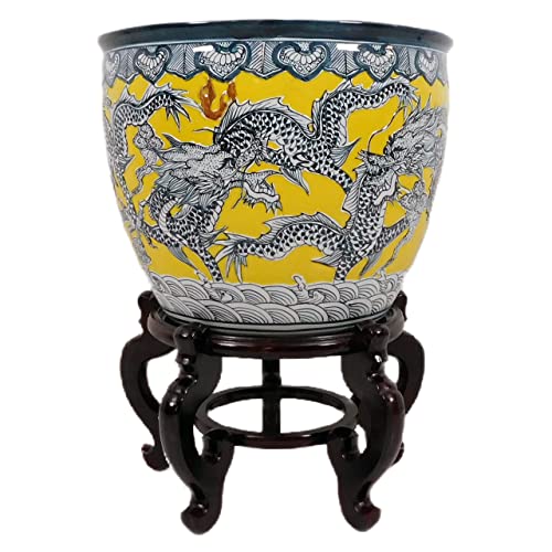 Oriental Furnishings Carved Chinese Porcelain Dragon Fishbowl Imperial Yellow Glaze