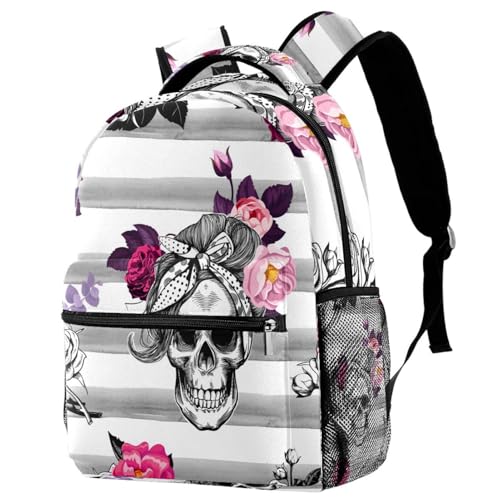 Sac à dos d'école tête de mort et roses pour ados, idéal pour le collège ou un voyage décontracté