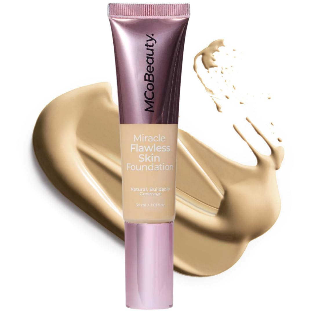 MCoBeauty Miracle Flawless Skin Liquid Foundation Natural Beige - Buildable Medium Coverage Dewy Finish for All Skin Types - Hyaluronic Acid Coconut Water Rose Water Hydrating Face Makeup Vegan - 1