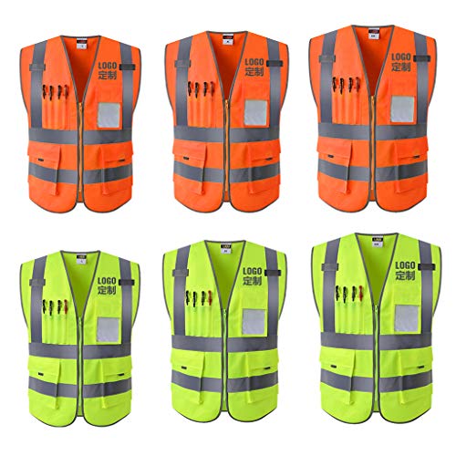 Colete de segurança respirável com zíper frontal de 4 bolsos de alta visibilidade com tiras refletiv