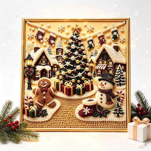 Premium 3D Pearl Christmas Wall Art Kit, Faux Bead Embroidery Craft Set, Santa Train Reindeer Snowman Canvas Decor, Winter Seasonal Relaxing Hobby Gift for Adults Beginners Women (Type-A) - Image 4
