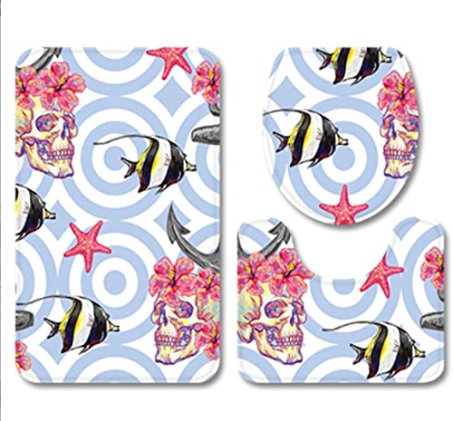 3 Teilig Badematte Set Blauer Fischanker 3D Badematten Set rutschfest, Badezimmerteppich,U-förmiger WC-Vorleger,WC…