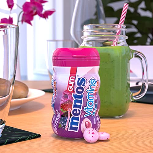 Image of Mentos Gum with Vitamins, Sugar-Free Chewing Gum with Xylitol, Berry Flavor, Vitamins B6, B12, & C, 45 Piece Bottle (Pack of 4)