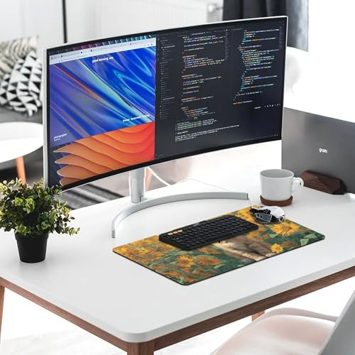 Image of Cat Sunflower Extended Gaming Mouse Pad, with Stitched Edges Large Mouse Pad Desk Protector, Rubber Base Mousepad Keyboard Mouses Mat for Work Game Office Home- 32 inch X 16 inch Inch