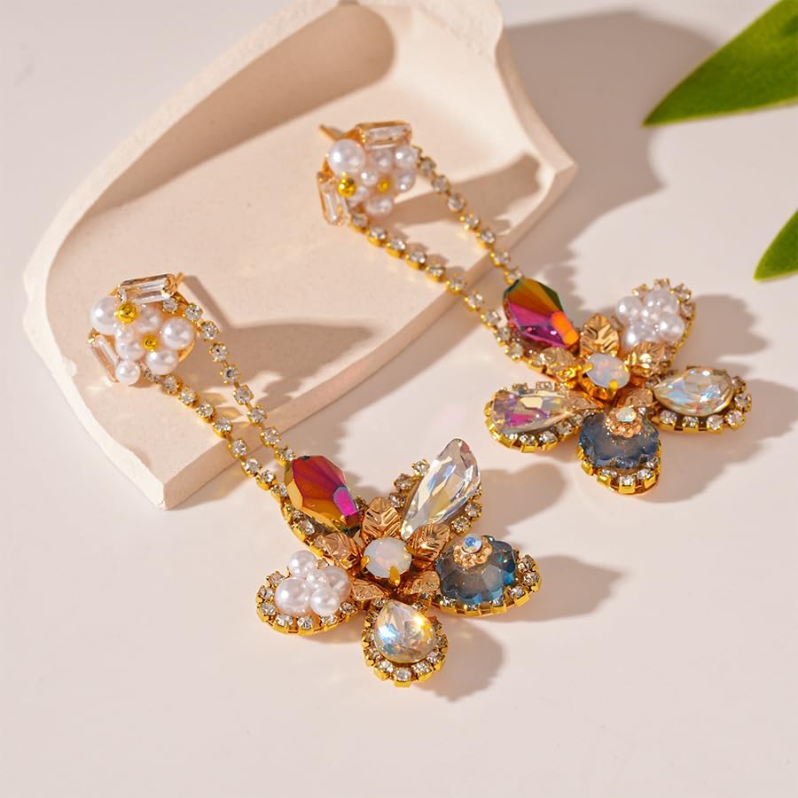 Exaggerated Long Flower Drop Earrings for Women,Trendy Dainty Colored Cubic Zirconia Dangle Flower Earrings for Woman,Hypoallergenic Statement Ear Jewelry - Image 4