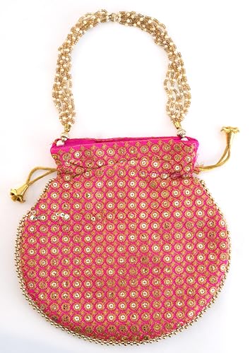 Image of Potli Bag Golden work wedding potli for ladies Gift for women handbags traditional Indian Wristlet with Drawstring Ethnic Embroidery Fashion Potli.