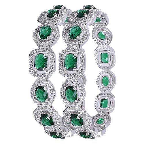 Image of RATNAVALI JEWELS American Diamond Studded Silver Plated Traditional Emerald Green CZ /Diamond Bangles for Women /Girls RV1938GW