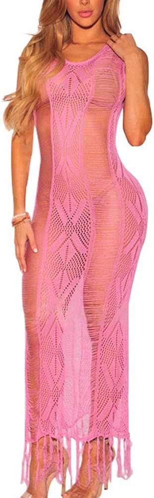 WAWJIR Women Sexy Soft Lace Stretch Crochet Hollow Beach Long Maxi Dress Tassel Swimsuit Bikini Cover Up Party Dress