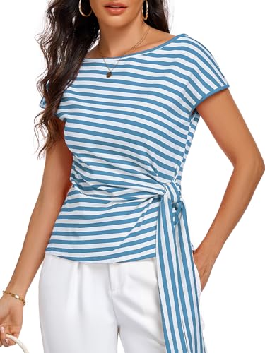 Image of HOTIAN Womens Cap Sleeve T Shirts 2026 Tie Waist Wrap Tops Crew Neck Blouses Dressy Casual Loose Work Business Dressy