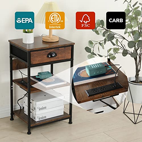 Senig Nightstand With Charging Station, Side Table Bedroom With Usb Ports, Small End Tables Living Room, Bedside Tables With Drawer Storage, 3-Tier Narrow Side Table In Balcony #TOP3