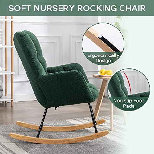Sudwesto Modern Nursery Rocking Chair, Upholstered Glider Chair With High Backrest, Rocker Accent Armchair With Solid Wood Legs For Nursery Bedroom Living Room (Dark Green Teddy) #TOP2