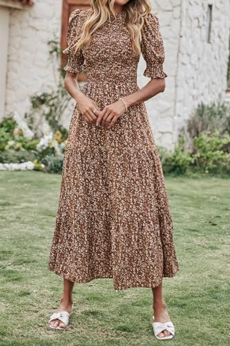 BTFBM Women Casual Summer Dresses 2025 Spring Crew Neck Ruffle Short Sleeve Floral Print Smocked Boho Flowy Maxi Dress3