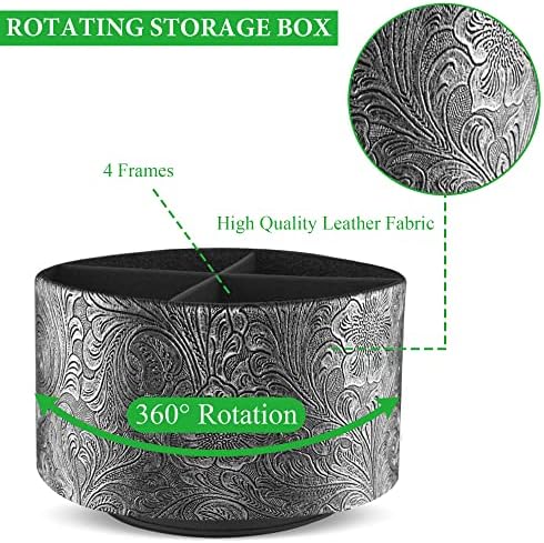 Hennaja Round Leather Art Supply Organizer,Remote Control Holder,360 Degree Spinning,Multi-Functional Pencil Holder,4 Compartments Desktop Stationary Organizer(1-Carving Silver)