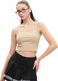 Women's Ribbed Square Neck Sleeveless Crop Top, Beige, Casual Style Price In India