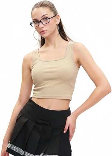 Women's Ribbed Square Neck Sleeveless Crop Top, Beige, Casual Style