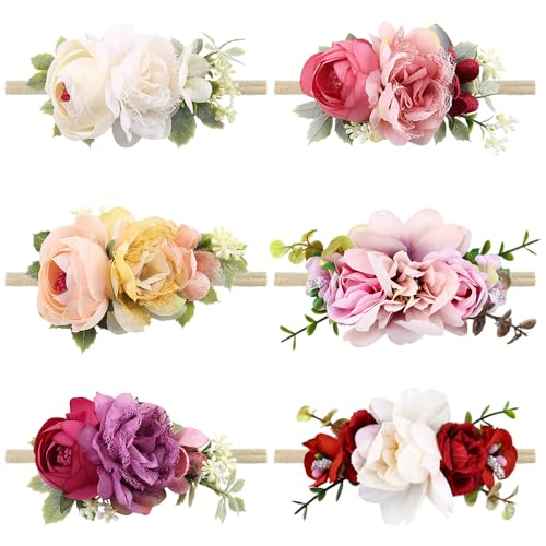 Cinaci 6 Pack Delicate Rose Flower Nylon Headbands Floral Bows Headband